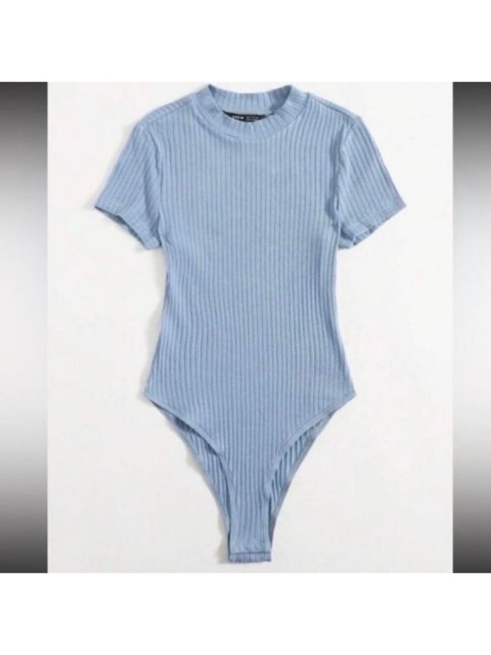 NWOT SHEIN Blue Ribbed Short Sleeve Bodysuit Mock Neck Stretch Size Small